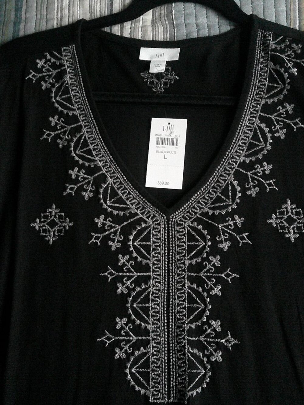 J. Jill  Black tunic with embroidery on the front, back and sleeves  Size L NWT